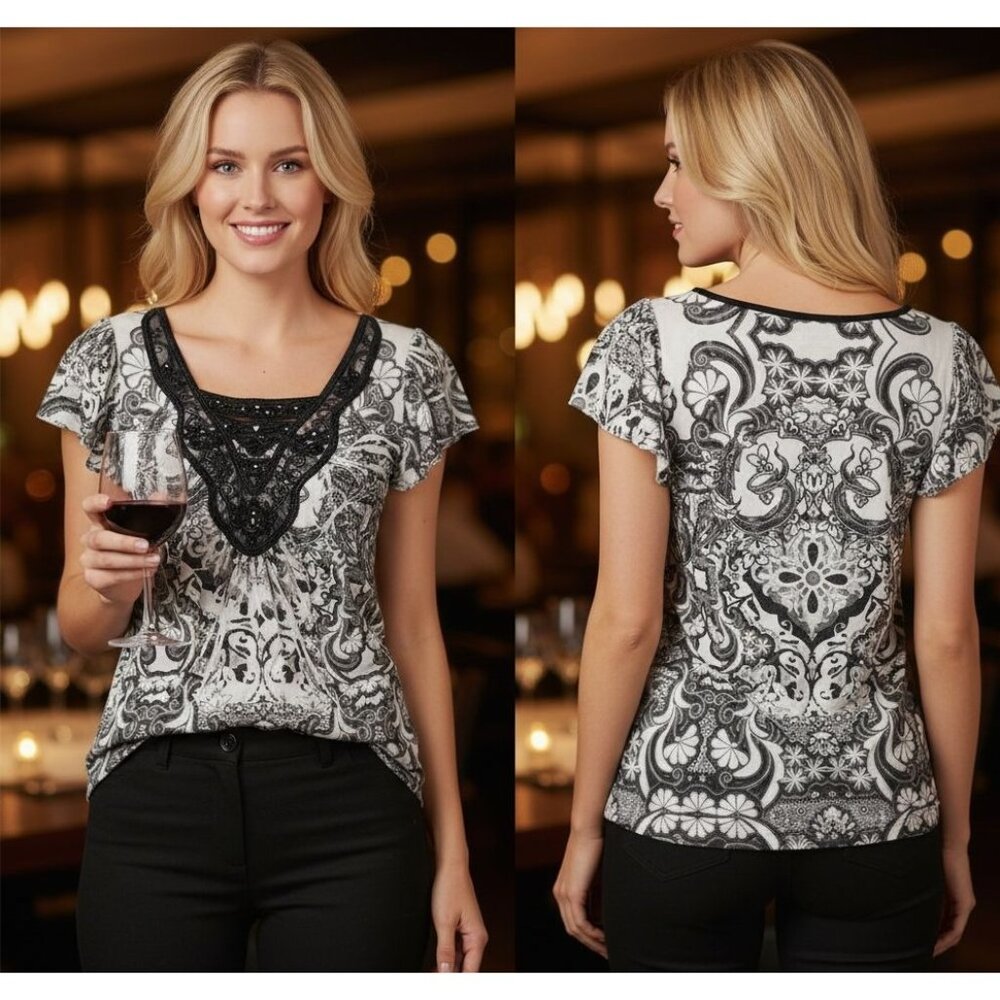 One World Black & White Paisley Lace V-Neck Top S